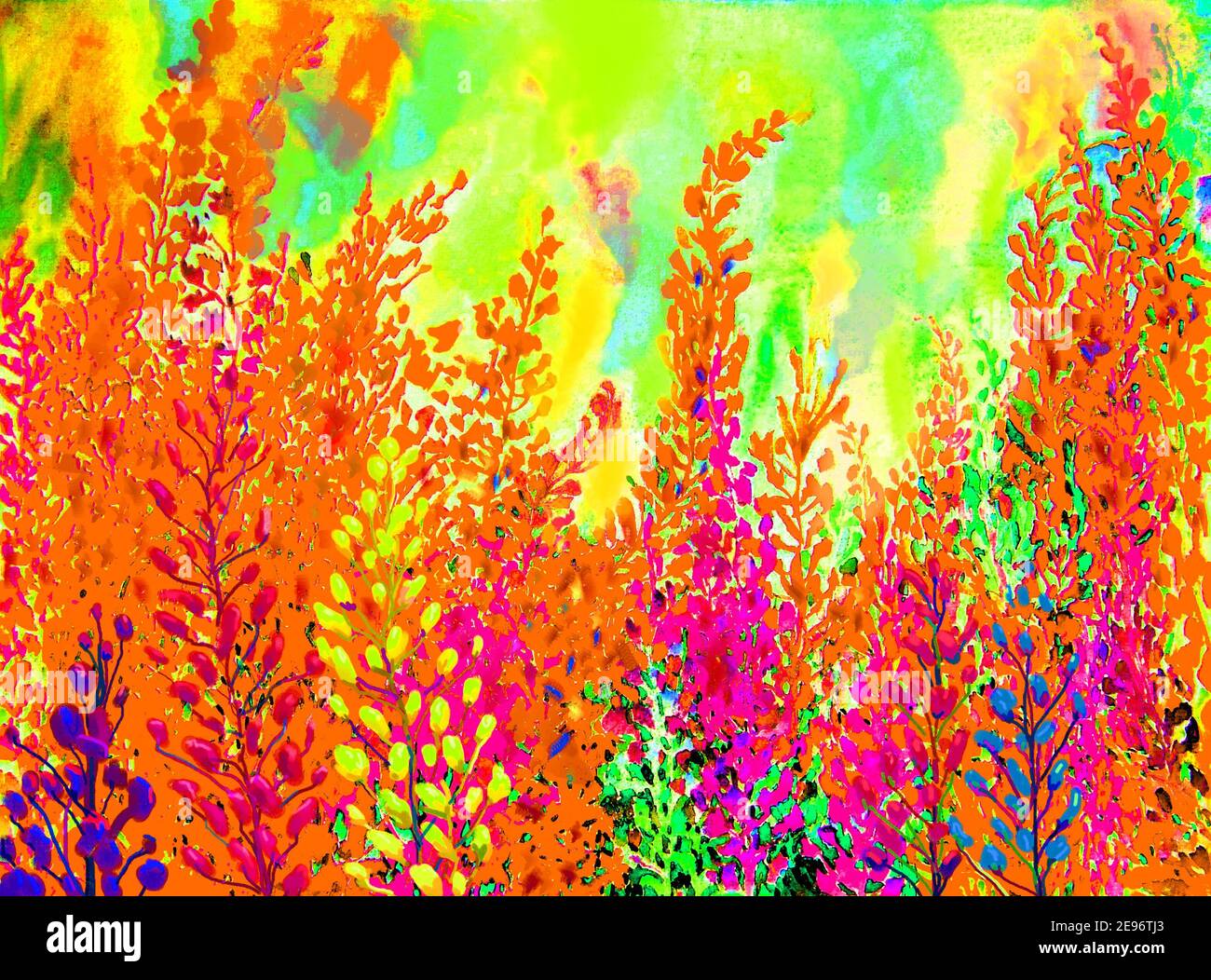 Aquarell Malerei bunt von abstrakten Blumen und grünen Blättern in weißem Hintergrund. Stockfoto