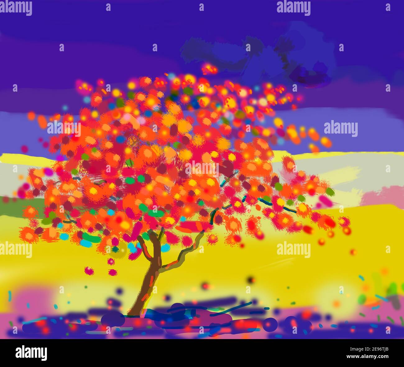 Malerei Landschaft bunt von Pfau Blume Baum und Emotion in Blau mit Wolke im Himmel Hintergrund Stockfoto