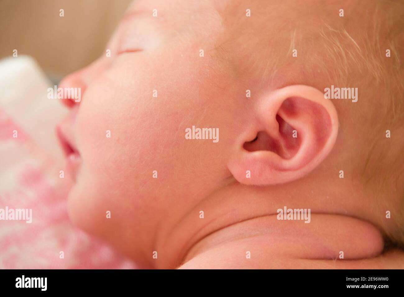 Ohr Nahaufnahme des neugeborenen Mädchen schlafen. Stockfoto
