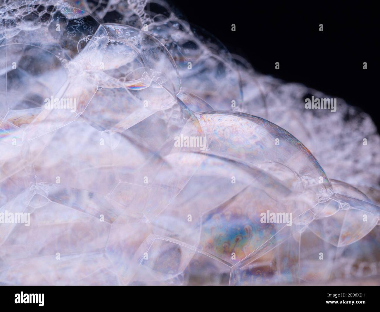 Seifenblasen. Makroaufnahme von Seifenschaum auf schwarzem Hintergrund. Nahaufnahme Stockfoto
