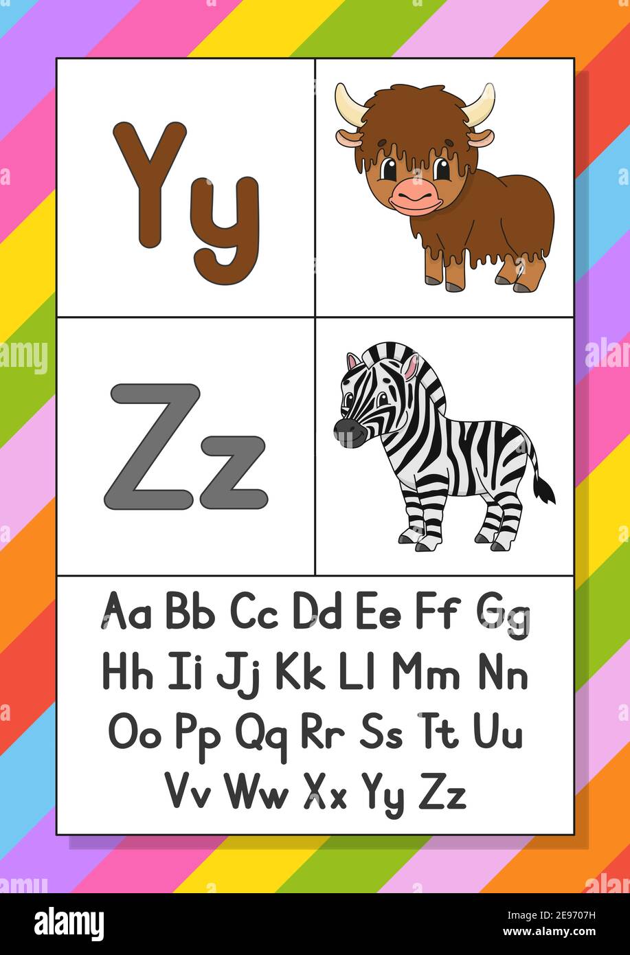 Englisches Alphabet mit Zeichentrickfiguren. Flash-Karten. Vektorset. Helle Farben. Lerne ABC. Klein- und Großbuchstaben. Stock Vektor