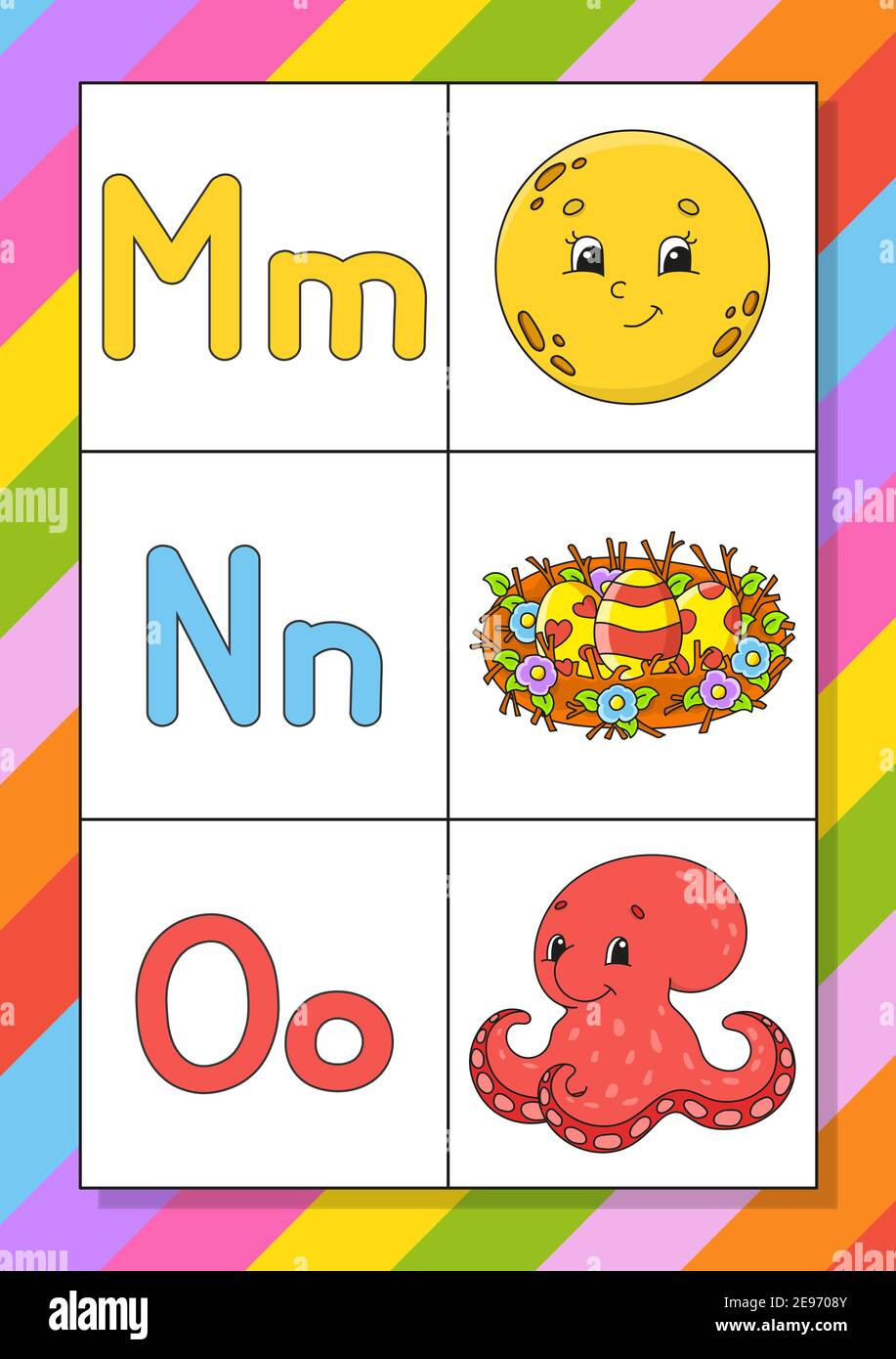 Englisches Alphabet mit Zeichentrickfiguren. Flash-Karten. Vektorset. Helle Farben. Lerne ABC. Klein- und Großbuchstaben. Stock Vektor