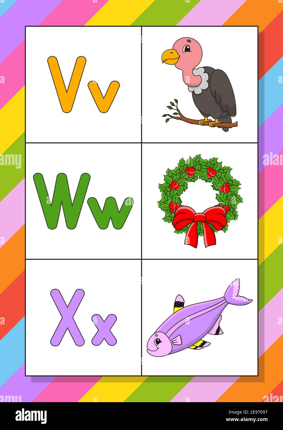 Englisches Alphabet mit Zeichentrickfiguren. Flash-Karten. Vektorset. Helle Farben. Lerne ABC. Klein- und Großbuchstaben. Stock Vektor