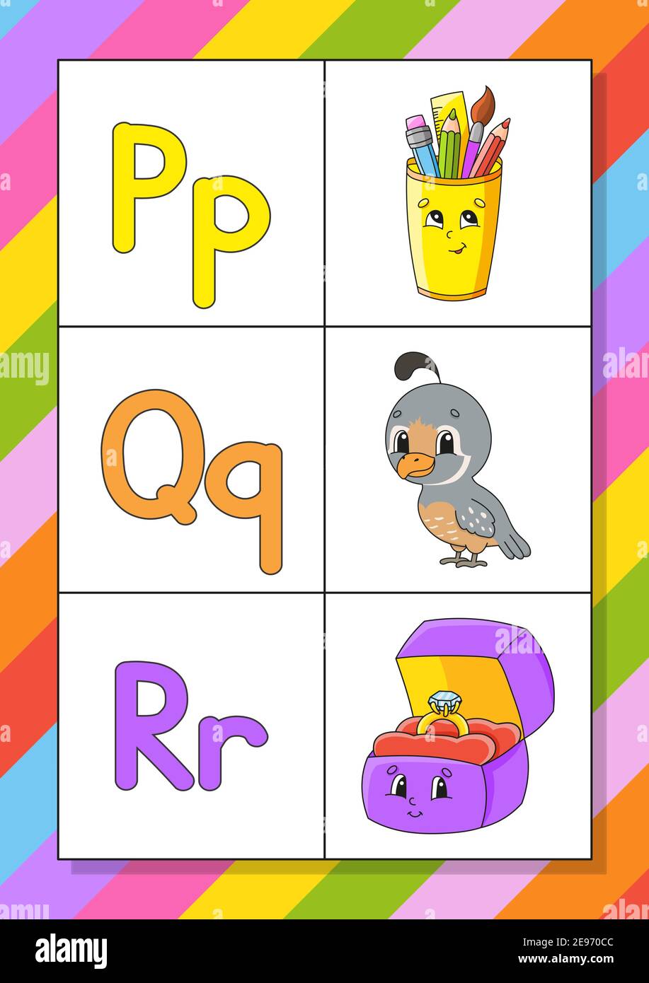 Englisches Alphabet mit Zeichentrickfiguren. Flash-Karten. Vektorset. Helle Farben. Lerne ABC. Klein- und Großbuchstaben. Stock Vektor