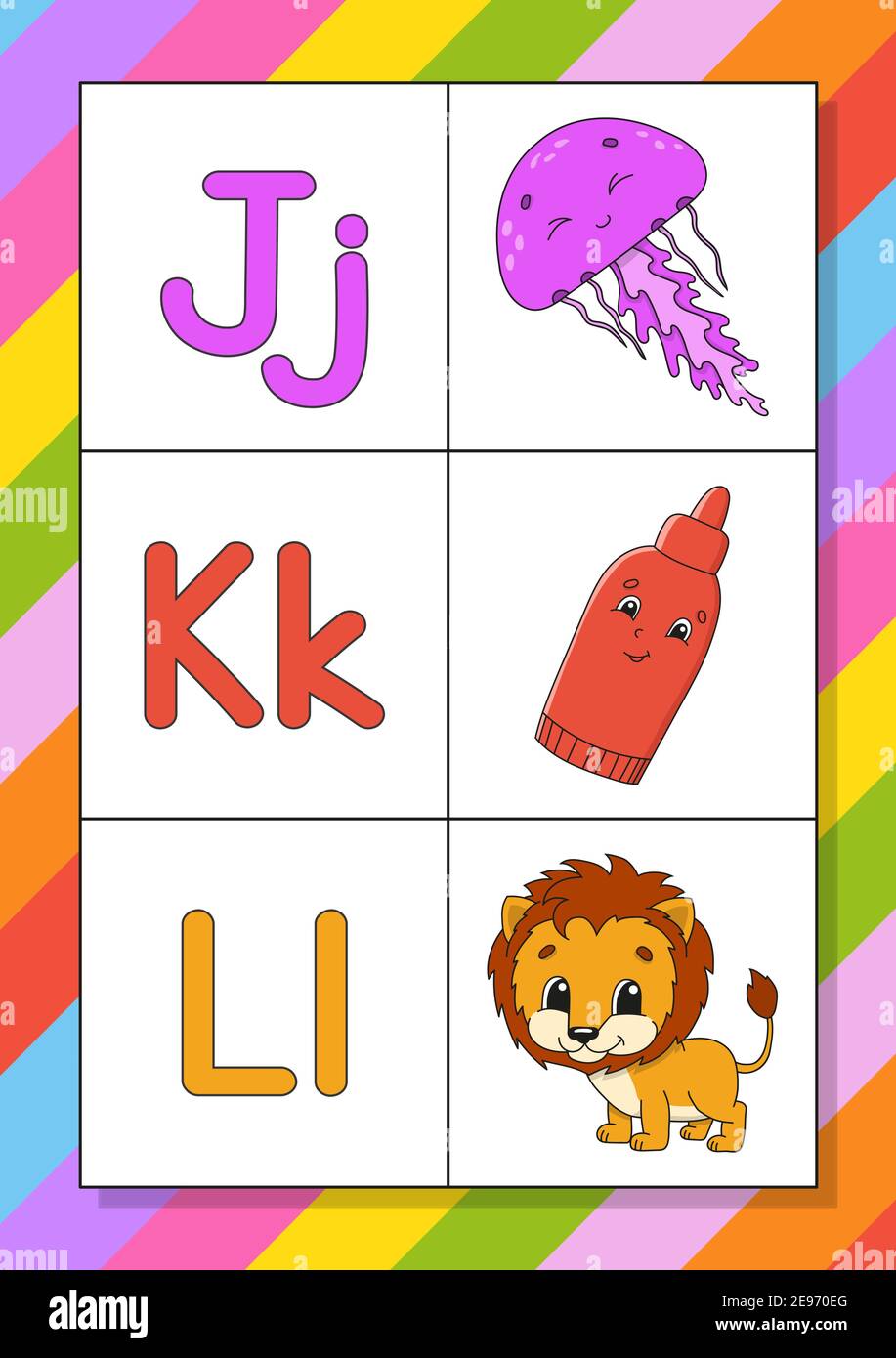 Englisches Alphabet mit Zeichentrickfiguren. Flash-Karten. Vektorset. Helle Farben. Lerne ABC. Klein- und Großbuchstaben. Stock Vektor