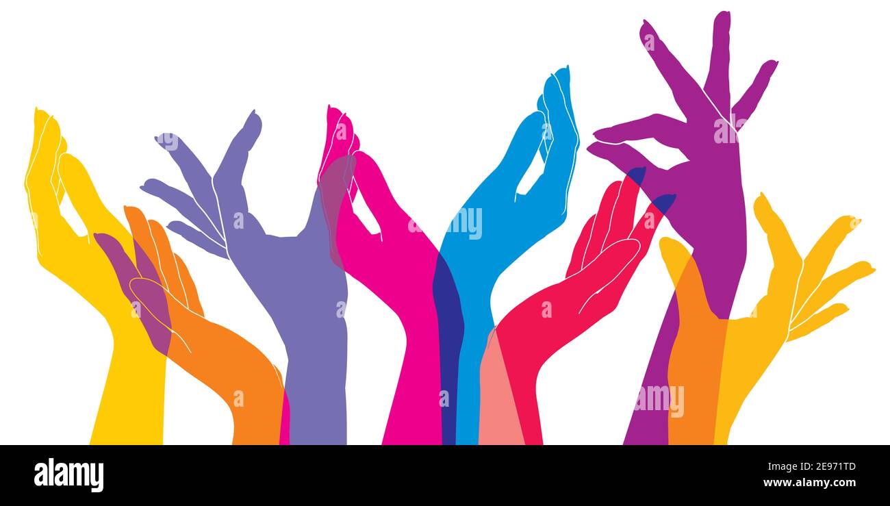 Viele Hände gestikulieren verschiedene Symbole, Banner Teamarbeit, offene Hände. Solidaritätskonzept, Hintergrund. Bunte Hände strecken sich nach oben. Stock Vektor