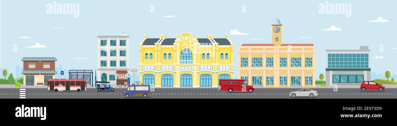 Thai Kultur Straße mit Vintage-Gebäude und Markt.Vektor-Illustration.Autos fahren City Street Panorama Thailand urban.Facade Stadt und Auto.Thai cla Stock Vektor