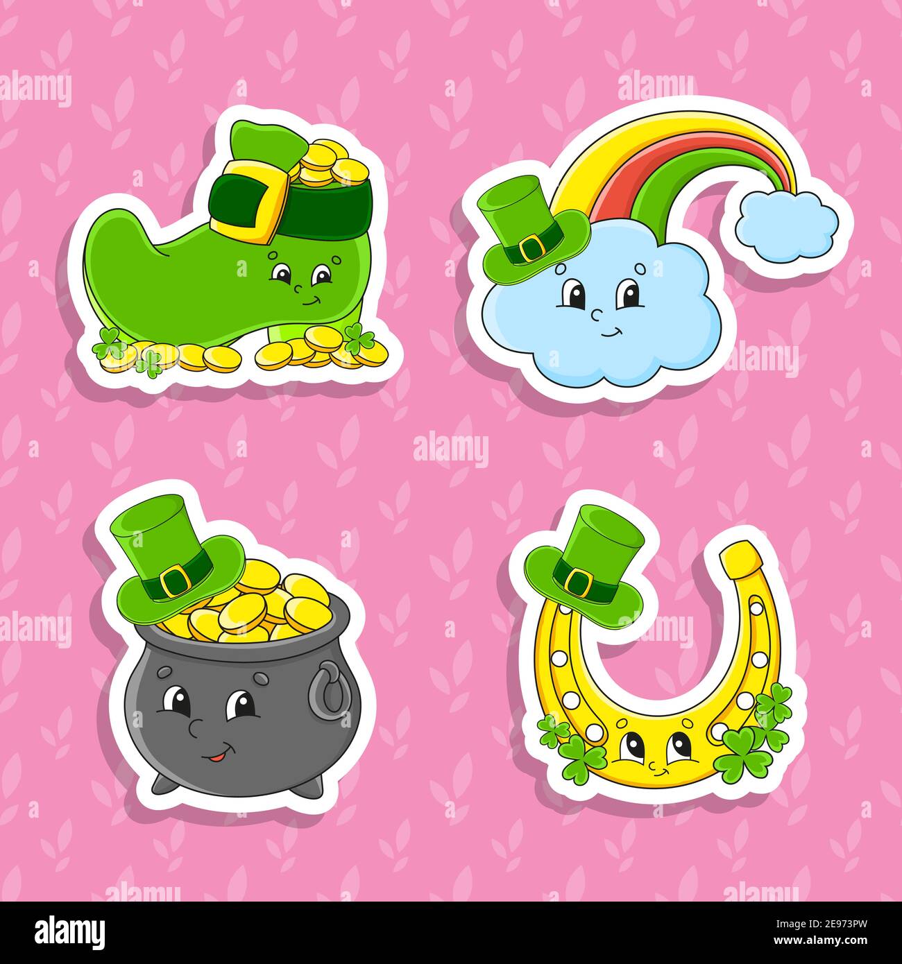 Set von hellen Farben Aufkleber für Kinder. St. Patrick's Day. Niedliche Comic-Figuren. Vektordarstellung auf farbigem Hintergrund isoliert. Stock Vektor