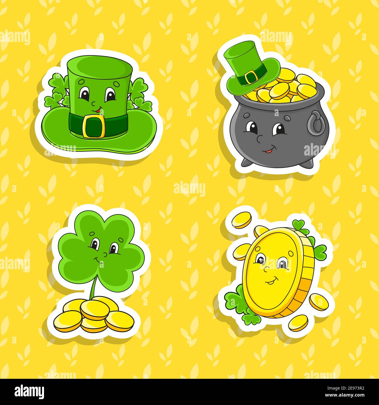 Set von hellen Farben Aufkleber für Kinder. St. Patrick's Day. Niedliche Comic-Figuren. Vektordarstellung auf farbigem Hintergrund isoliert. Stock Vektor