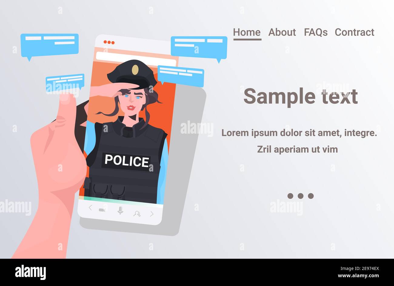 Menschliche Hand mit Smartphone chattet während eines Videoanrufs mit der Polizistin Online-Kommunikation Konzept Porträt horizontal kopieren Raum Vektor Illustration Stock Vektor