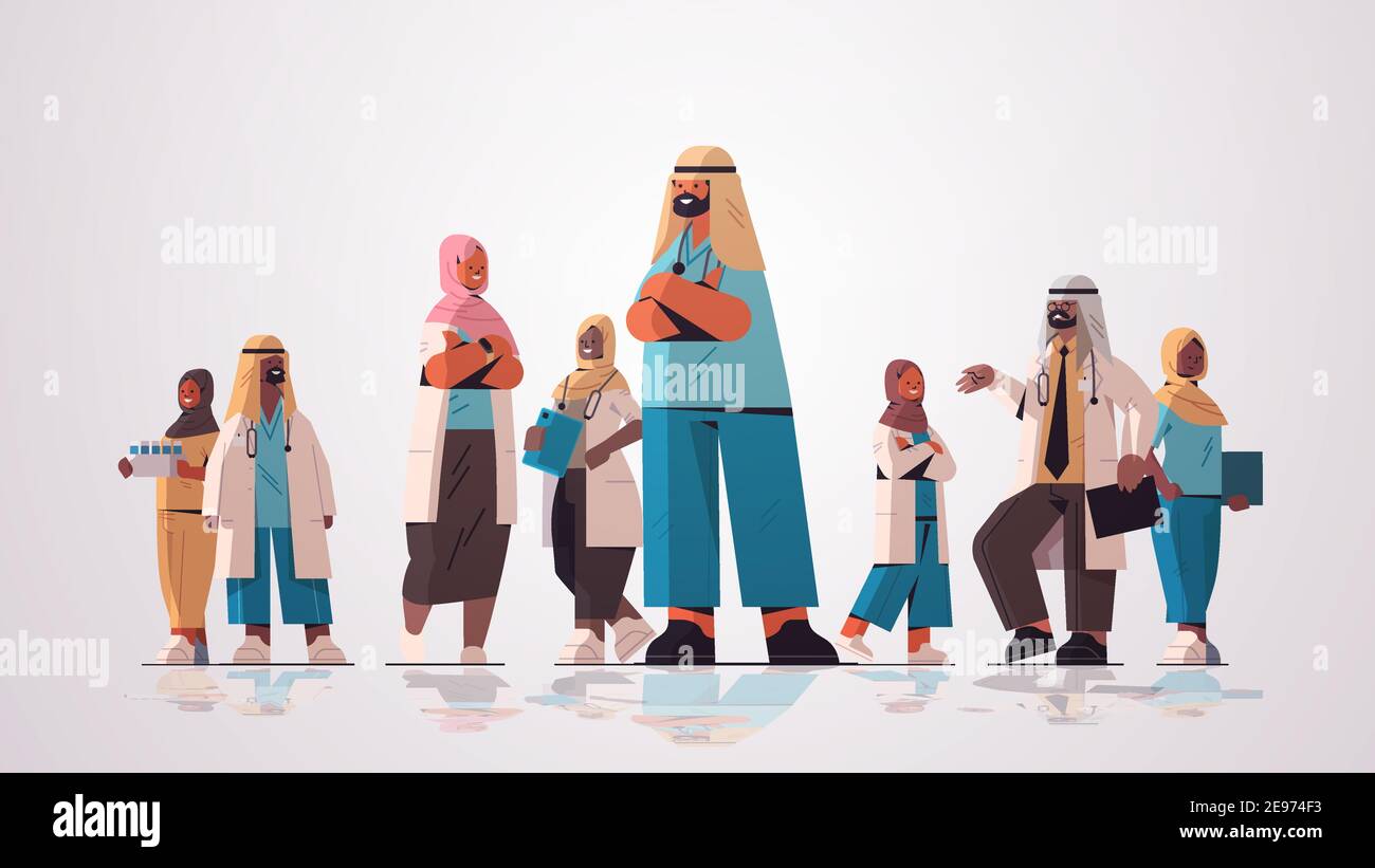 arabisches Team von medizinischen Fachkräften arabische Ärzte in Uniform stehen Zusammen Medizin Gesundheitswesen Konzept horizontale volle Länge Vektor Illustration Stock Vektor