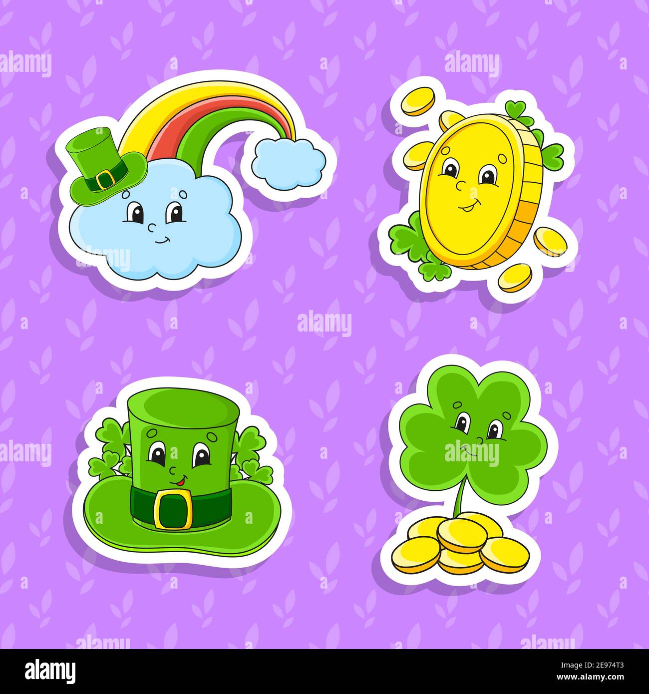 Set von hellen Farben Aufkleber für Kinder. St. Patrick's Day. Niedliche Comic-Figuren. Vektordarstellung auf farbigem Hintergrund isoliert. Stock Vektor