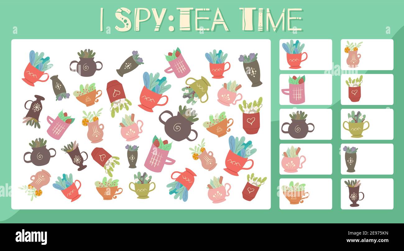 Ich spioniere Spiel. Pädagogische Unterhaltung für Vorschule und jüngere Schulzeit. Frühlingsbecher mit Kräutertees. Flacher Cartoon-Stil. Wie viele Elemente. Zählung o Stock Vektor