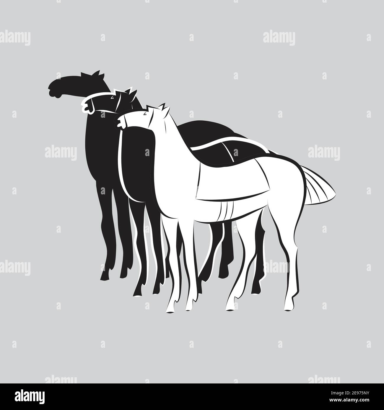 Drei sattelförmige stehende Pferde. Schwarz-weiße Hengste-Silhouetten auf grauem Hintergrund. Minimalistischer Style. Pferdelogo. Designidee für Stall, Bauernhof Stock Vektor