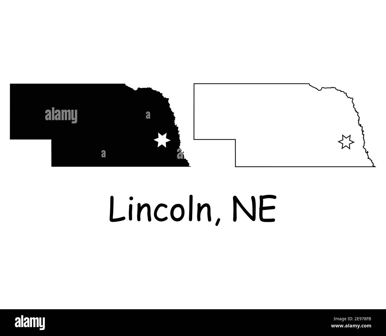 Karte von Nebraska NE State USA mit Capital City Star in Lincoln. Schwarze Silhouette und Umriss isoliert auf weißem Hintergrund. EPS-Vektor Stock Vektor