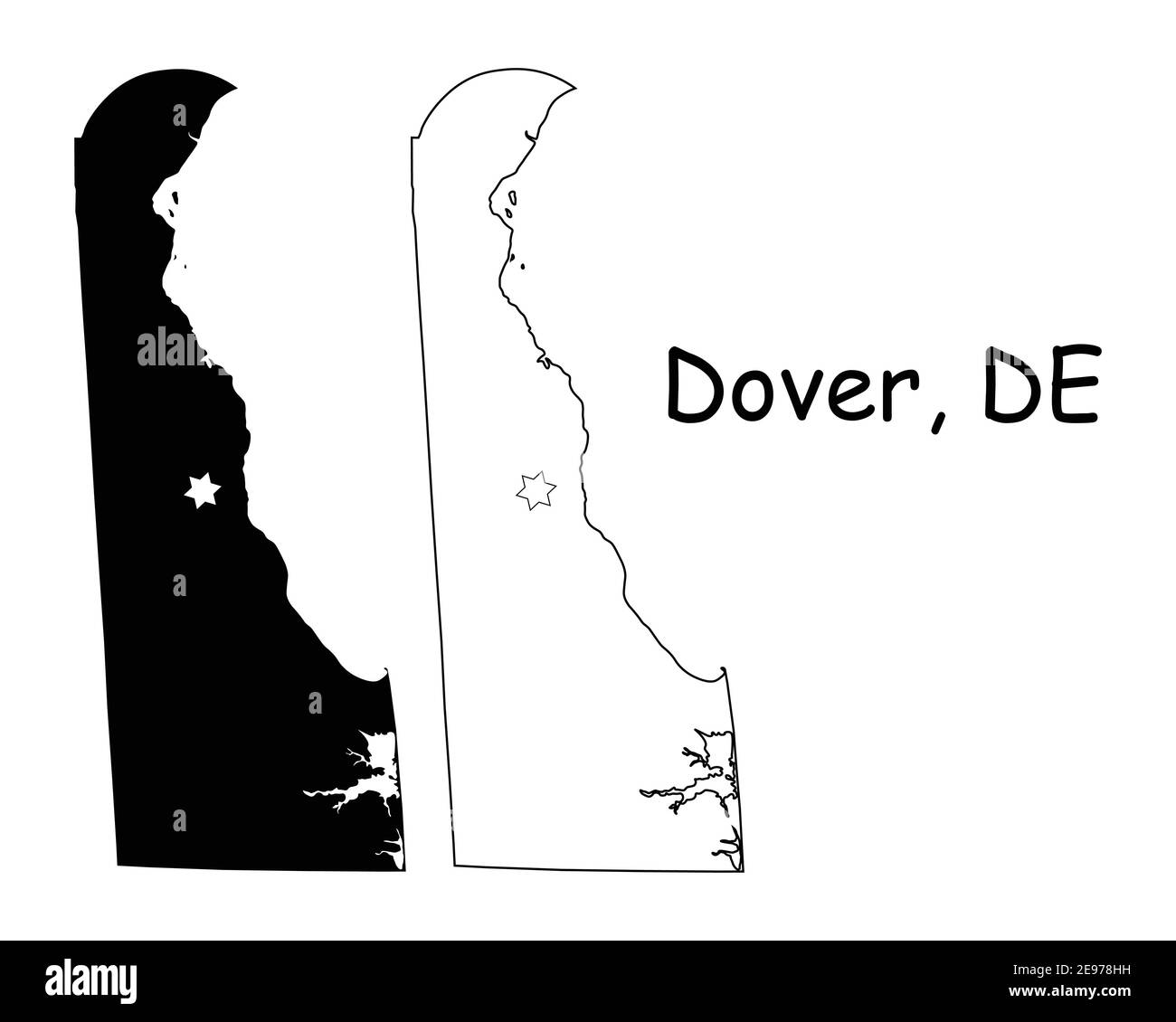Delaware DE State Karten USA mit Capital City Star in Dover. Schwarze Silhouette und Umriss isoliert auf weißem Hintergrund. EPS-Vektor Stock Vektor