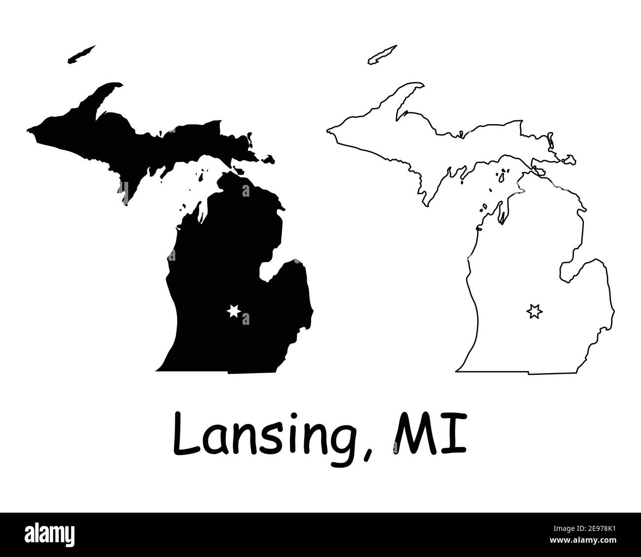 Michigan MI State Map USA mit Capital City Star in Lansing. Schwarze Silhouette und Umriss isoliert auf weißem Hintergrund. EPS-Vektor Stock Vektor