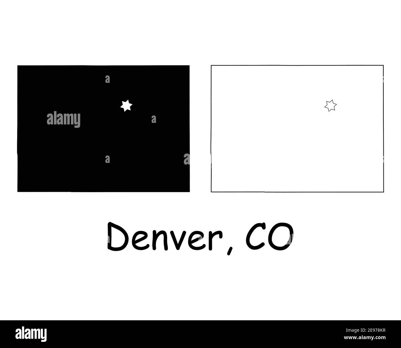 Colorado CO State Karte USA mit Capital City Star in Denver. Schwarze Silhouette und umreißen isolierte Karten auf weißem Hintergrund. EPS-Vektor Stock Vektor