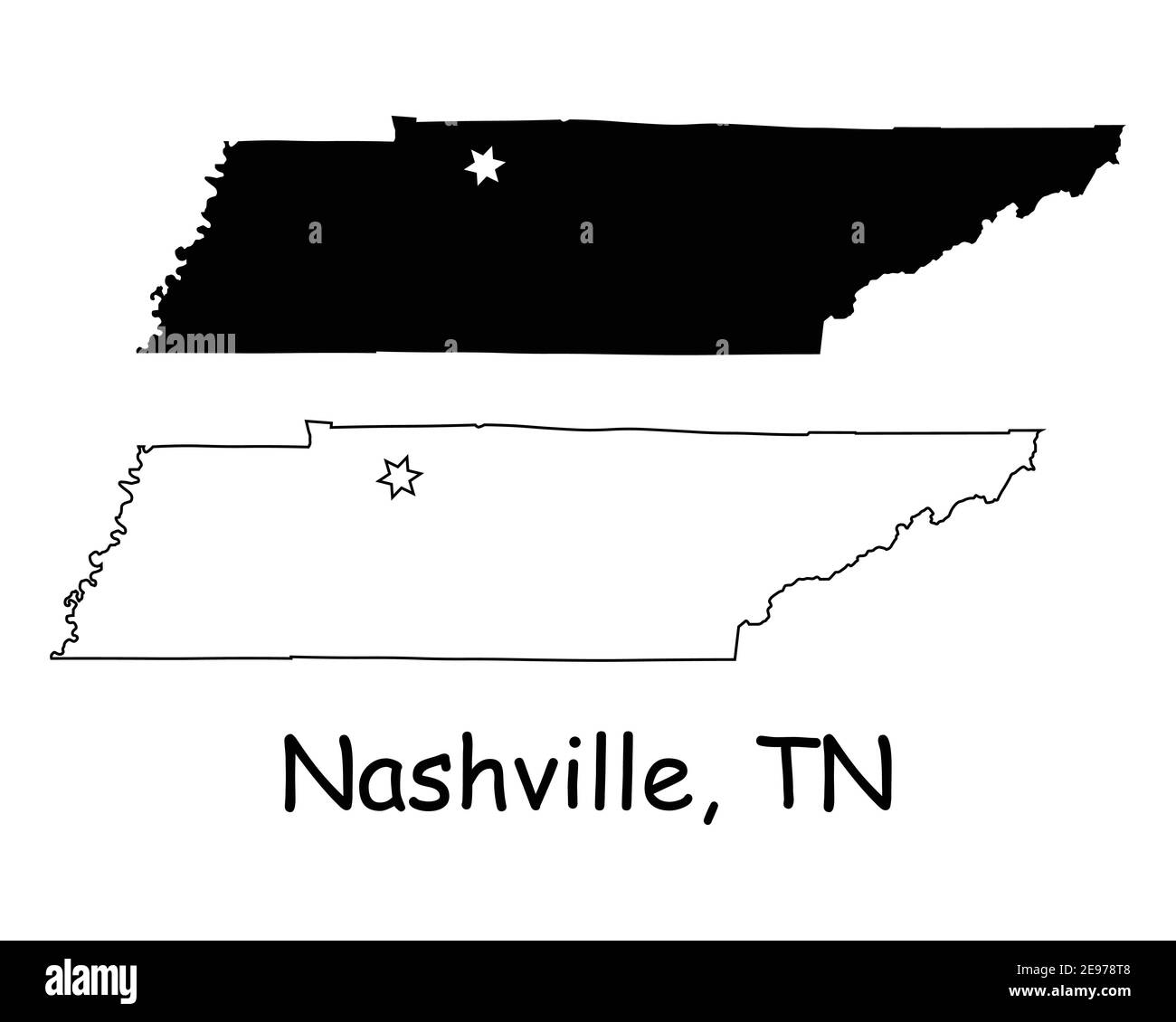 Tennessee TN State Map USA mit Capital City Star in Nashville. Schwarze Silhouette und umreißen isolierte Karten auf weißem Hintergrund. EPS-Vektor Stock Vektor