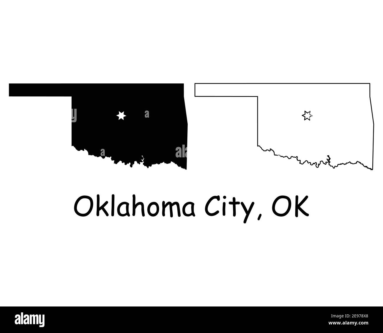 Oklahoma OK State Map USA mit Capital City Star in Oklahoma City. Schwarze Silhouette und Umriss isoliert auf weißem Hintergrund. EPS-Vektor Stock Vektor