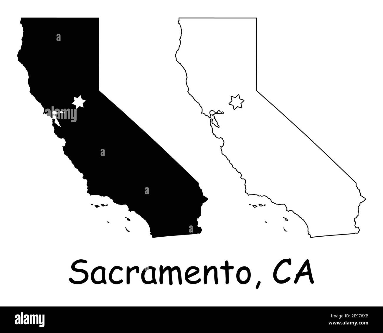 Kalifornien CA State Map USA mit Capital City Star in Sacramento. Schwarze Silhouette und umreißen isolierte Karten auf weißem Hintergrund. EPS-Vektor Stock Vektor