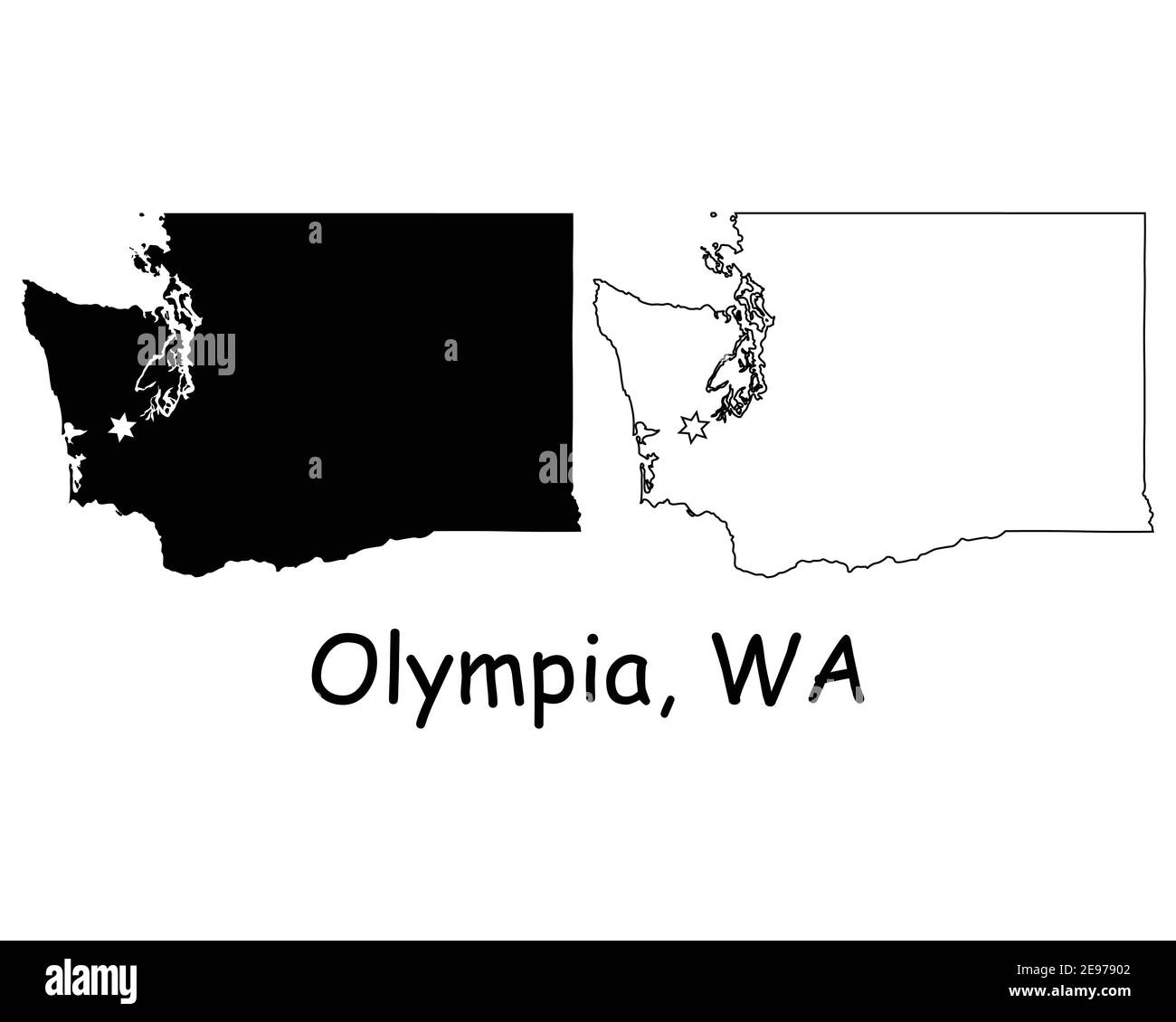 Washington WA State Map USA mit Capital City Star in Olympia. Schwarze Silhouette und umreißen isolierte Karten auf weißem Hintergrund. EPS-Vektor Stock Vektor