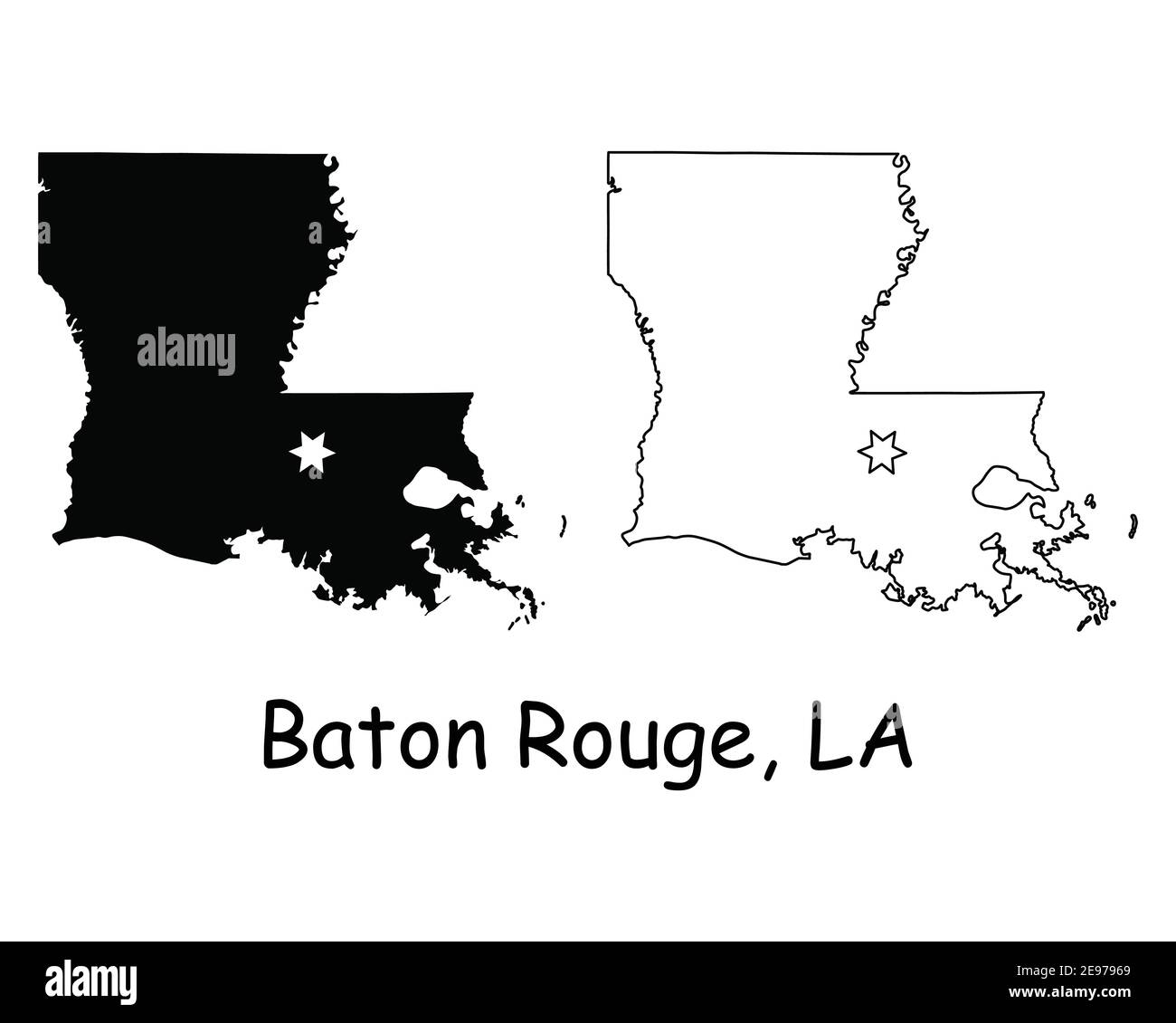 Louisiana LA State Karte USA mit Capital City Star in Baton Rouge. Schwarze Silhouette und Umriss isoliert auf weißem Hintergrund. EPS-Vektor Stock Vektor