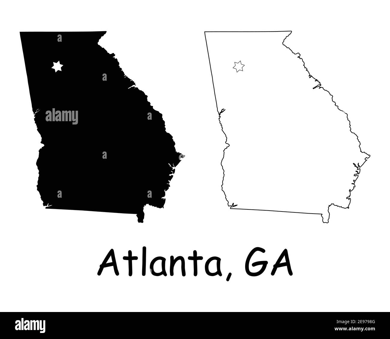 Georgia GA State Karte USA mit Capital City Star in Atlanta. Schwarze Silhouette und Umriss isoliert auf weißem Hintergrund. EPS-Vektor Stock Vektor