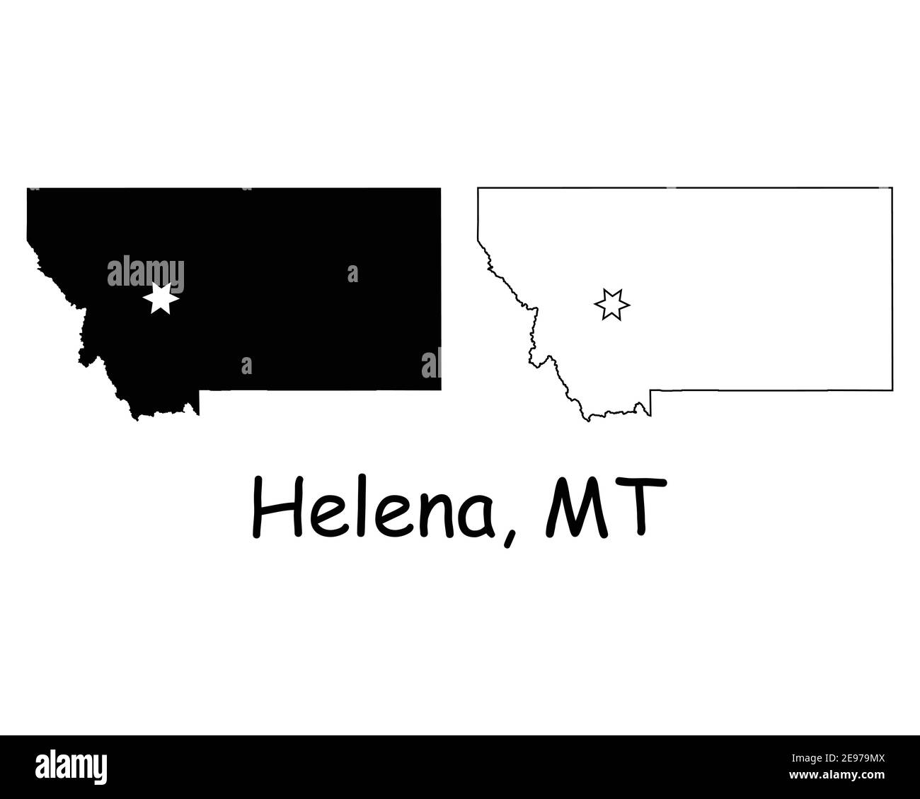 Montana MT State Map USA mit Capital City Star in Helena. Schwarze Silhouette und Umriss isoliert auf weißem Hintergrund. EPS-Vektor Stock Vektor