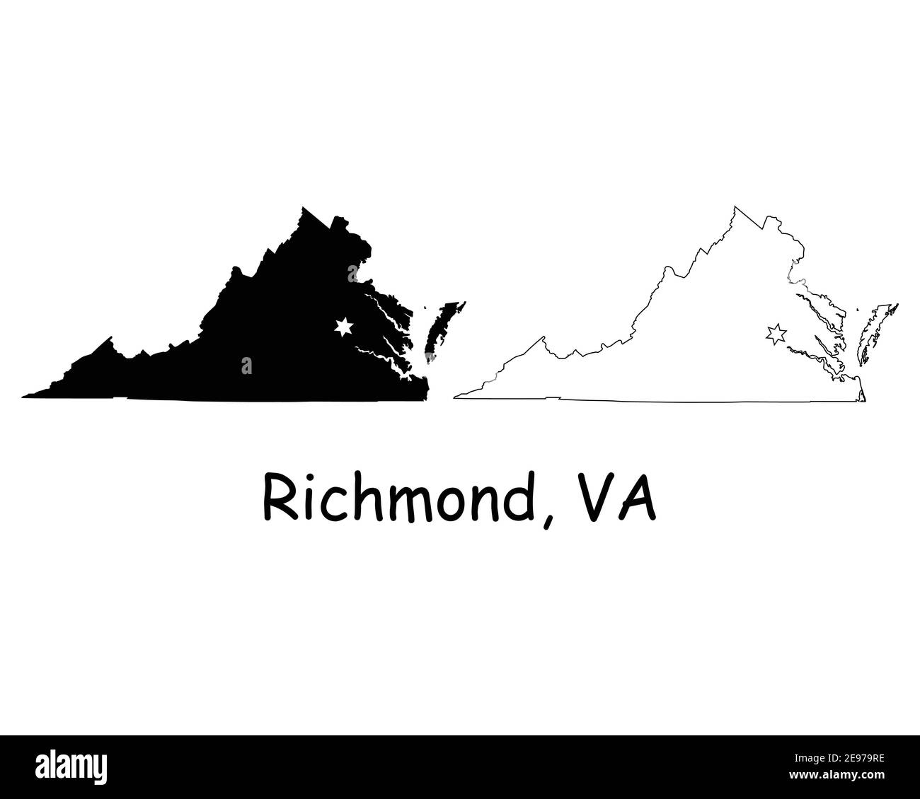 Virginia VA State Map USA mit Capital City Star in Richmond. Schwarze Silhouette und umreißen isolierte Karten auf weißem Hintergrund. EPS-Vektor Stock Vektor