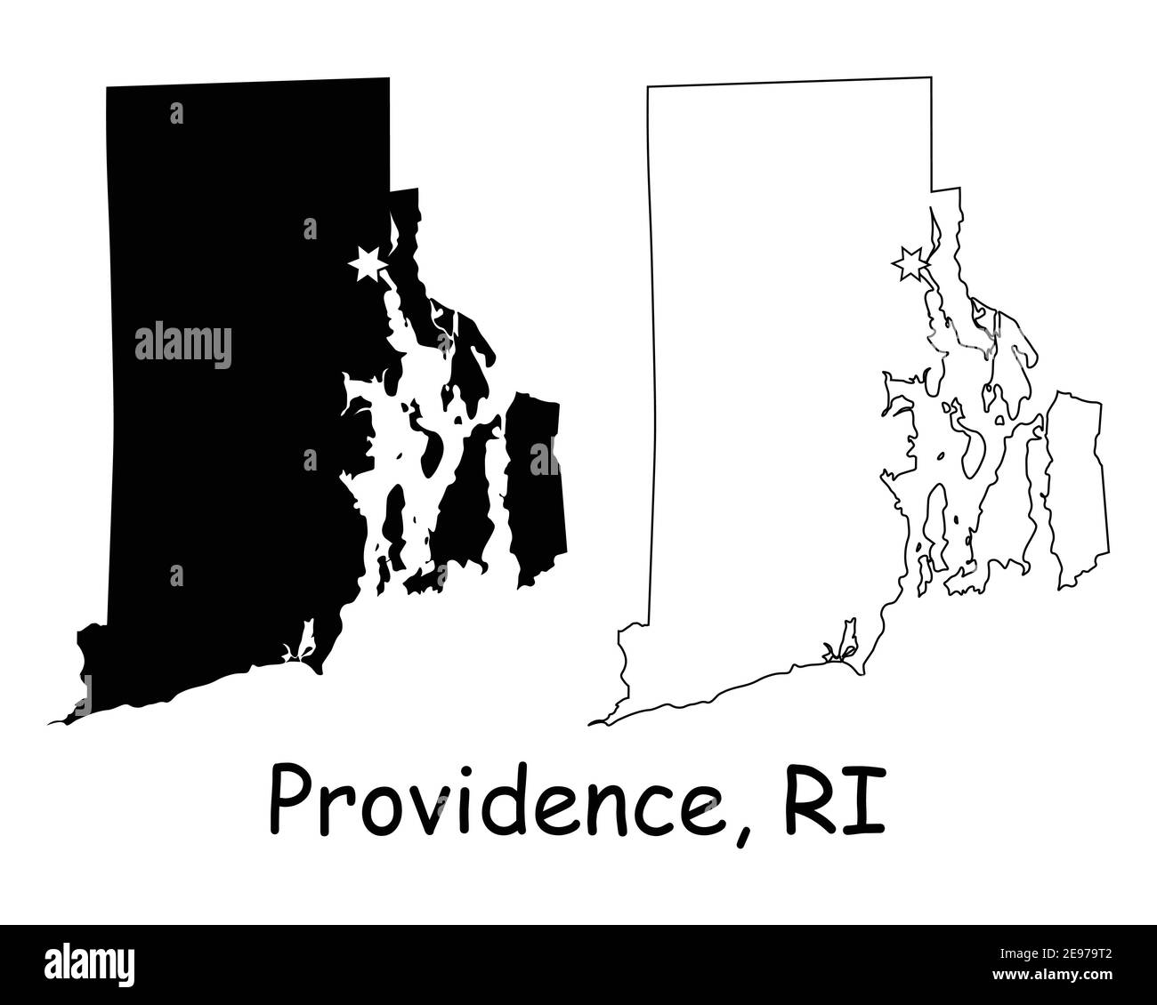 Rhode Island RI State Map USA mit Capital City Star in Providence. Schwarze Silhouette und Umriss isoliert auf weißem Hintergrund. EPS-Vektor Stock Vektor