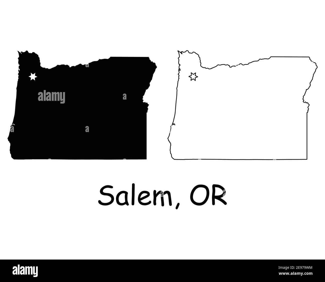 Oregon ODER State Map USA mit Capital City Star in Salem. Schwarze Silhouette und Umriss isoliert auf weißem Hintergrund. EPS-Vektor Stock Vektor