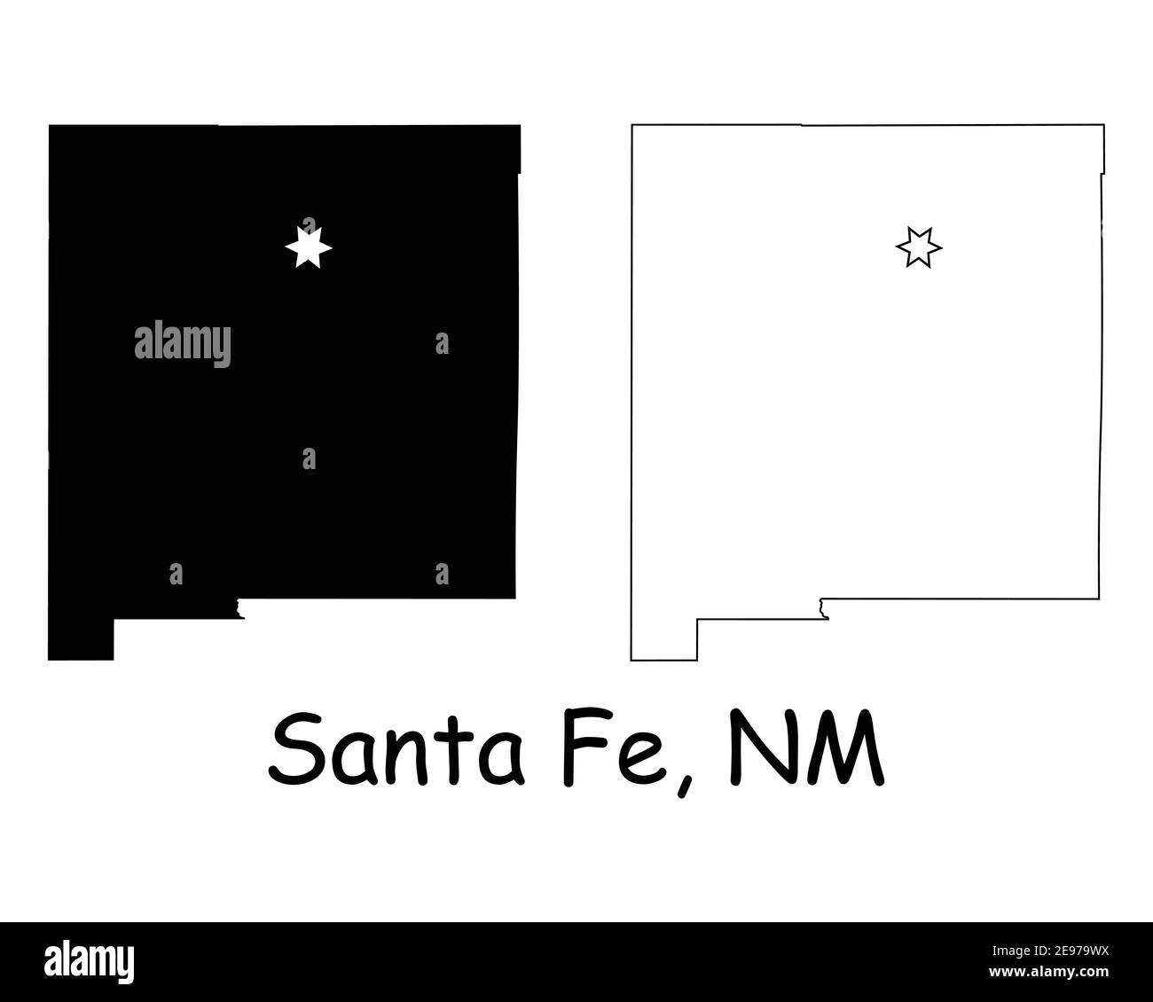 New Mexico NM State Map USA mit Capital City Star in Santa Fe. Schwarze Silhouette und Umriss isoliert auf weißem Hintergrund. EPS-Vektor Stock Vektor