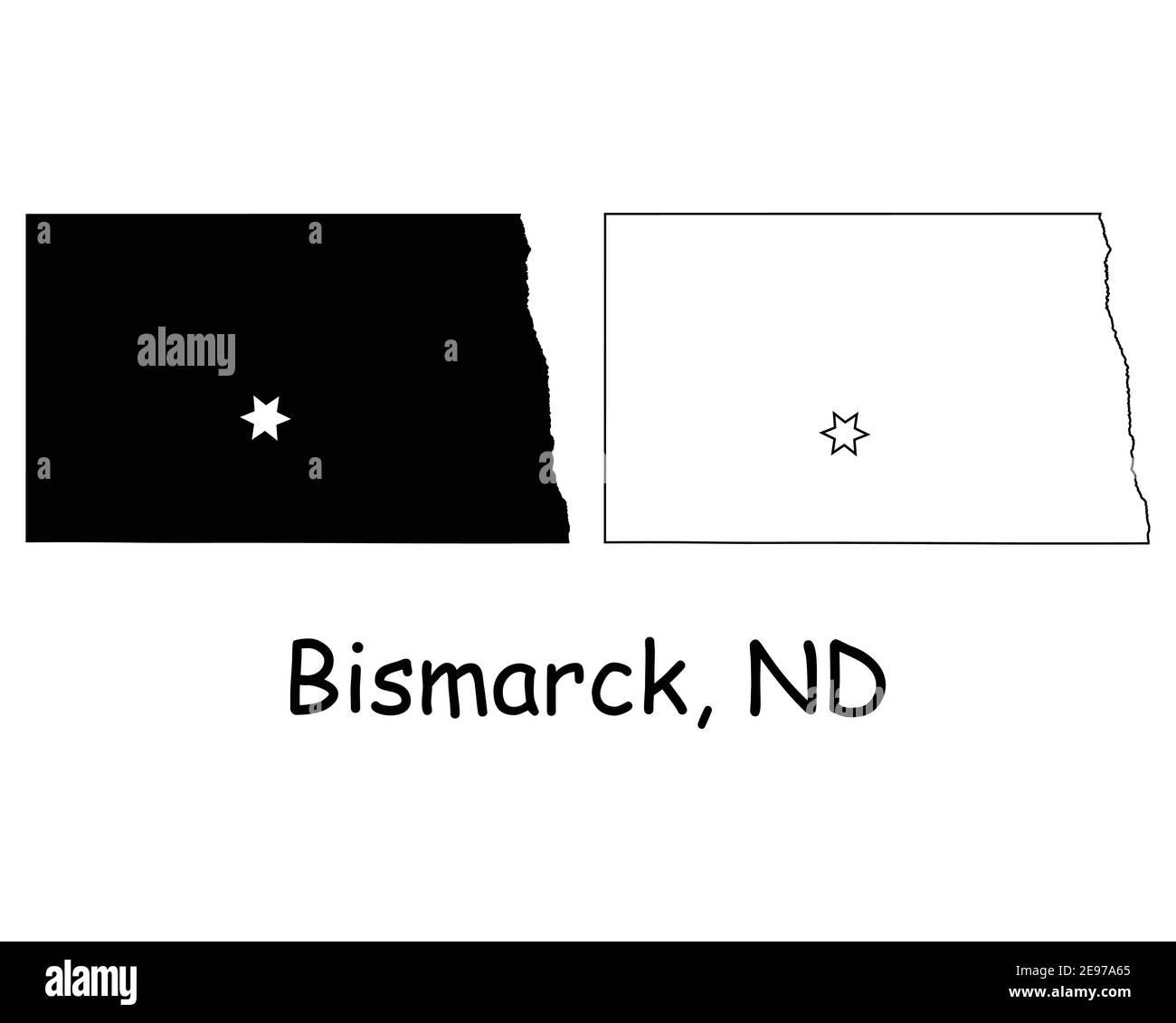 North Dakota ND State Map USA mit Capital City Star in Bismark. Schwarze Silhouette und Umriss isoliert auf weißem Hintergrund. EPS-Vektor Stock Vektor