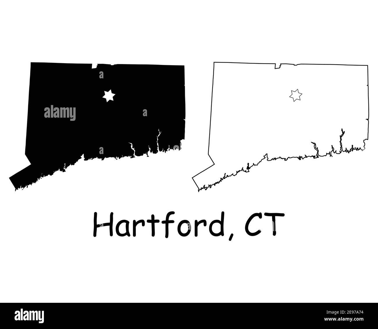 Connecticut CT State Map USA mit Capital City Star in Hartford. Schwarze Silhouette und Umrisskarten auf weißem Hintergrund isoliert. EPS-Vektor Stock Vektor