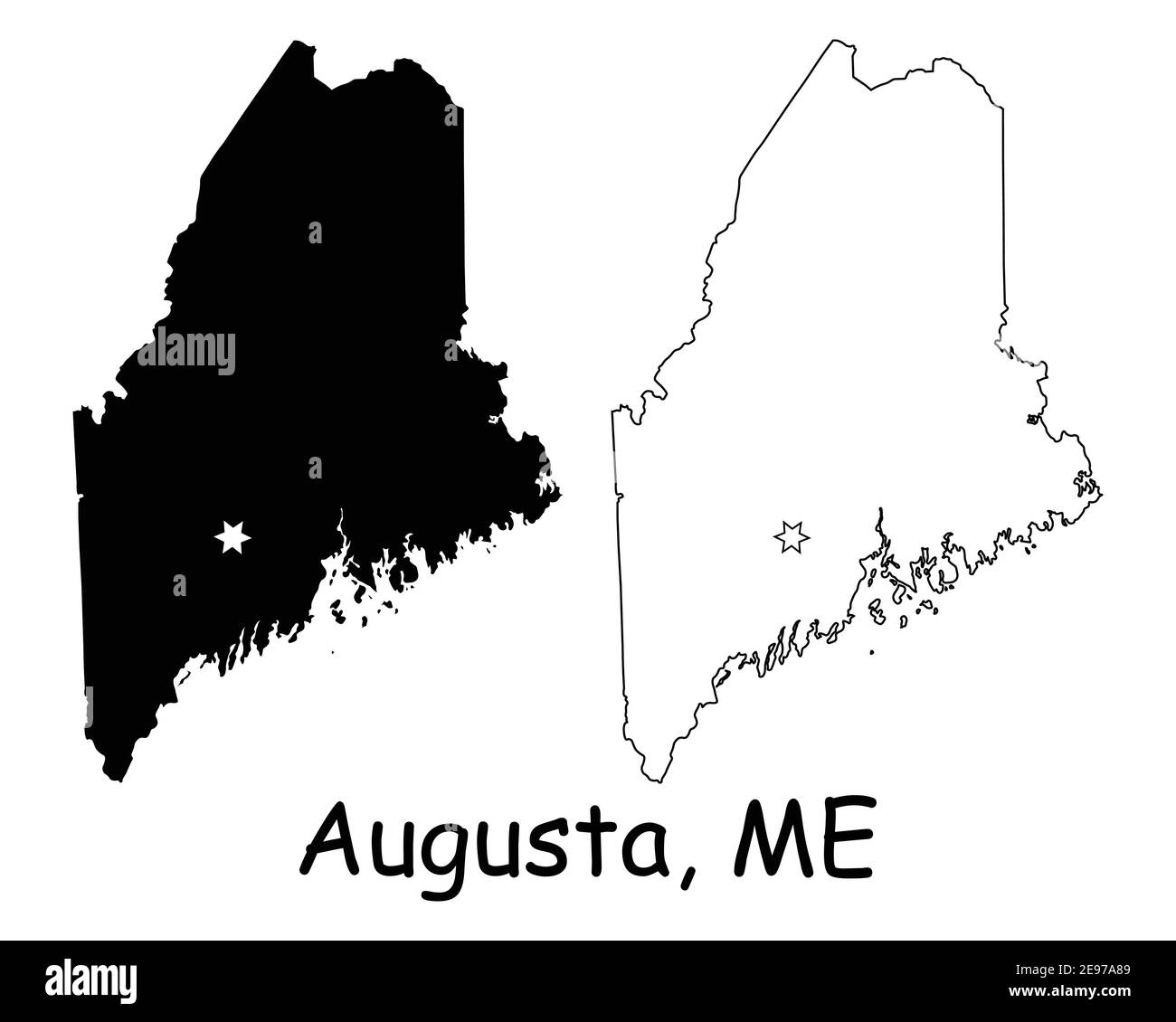 Maine ME State Map USA mit Capital City Star in Augusta. Schwarze Silhouette und Umriss isoliert auf weißem Hintergrund. EPS-Vektor Stock Vektor