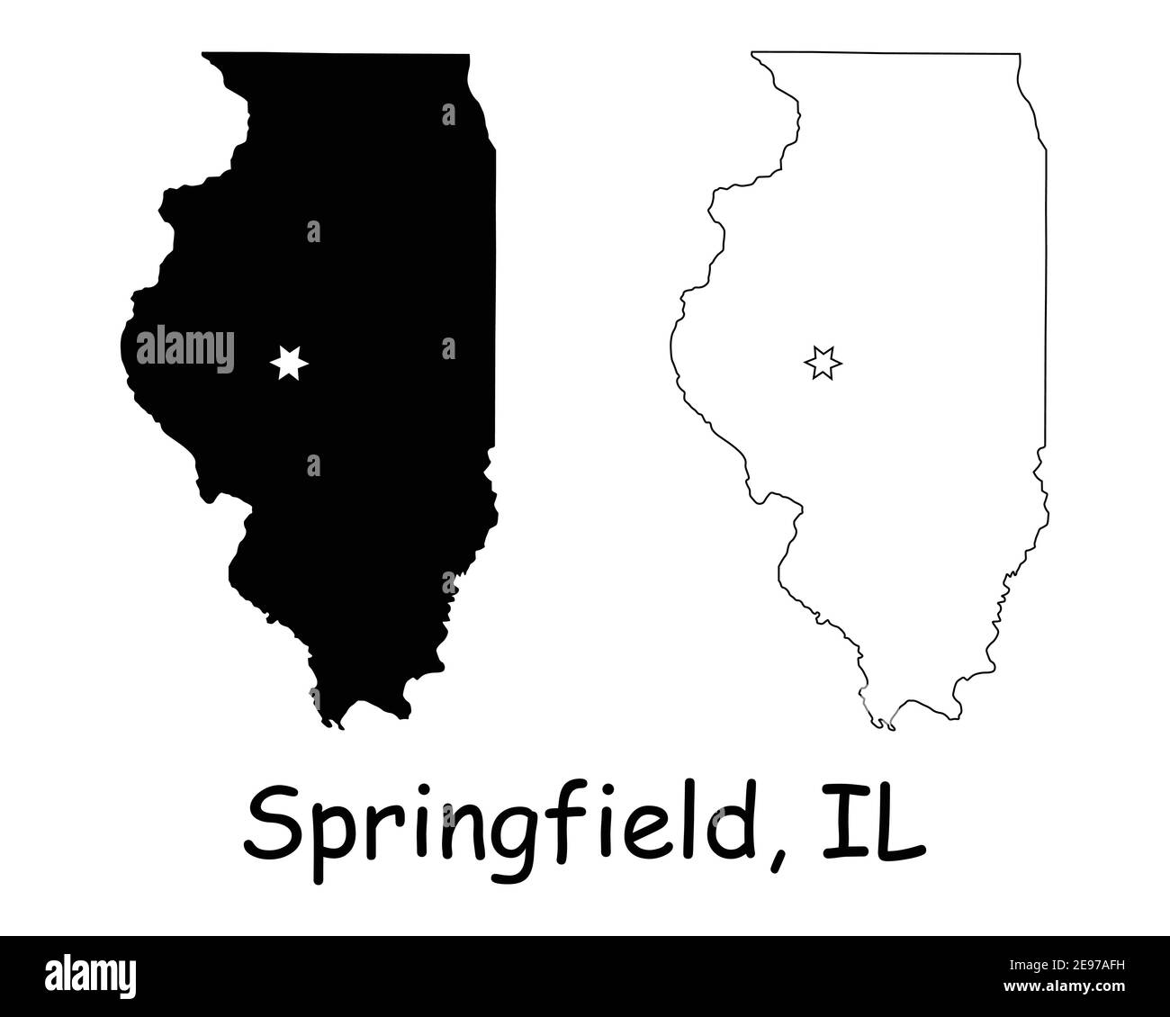 Illinois IL State Karte USA mit Capital City Star in Springfield. Schwarze Silhouette und Umriss isoliert auf weißem Hintergrund. EPS-Vektor Stock Vektor