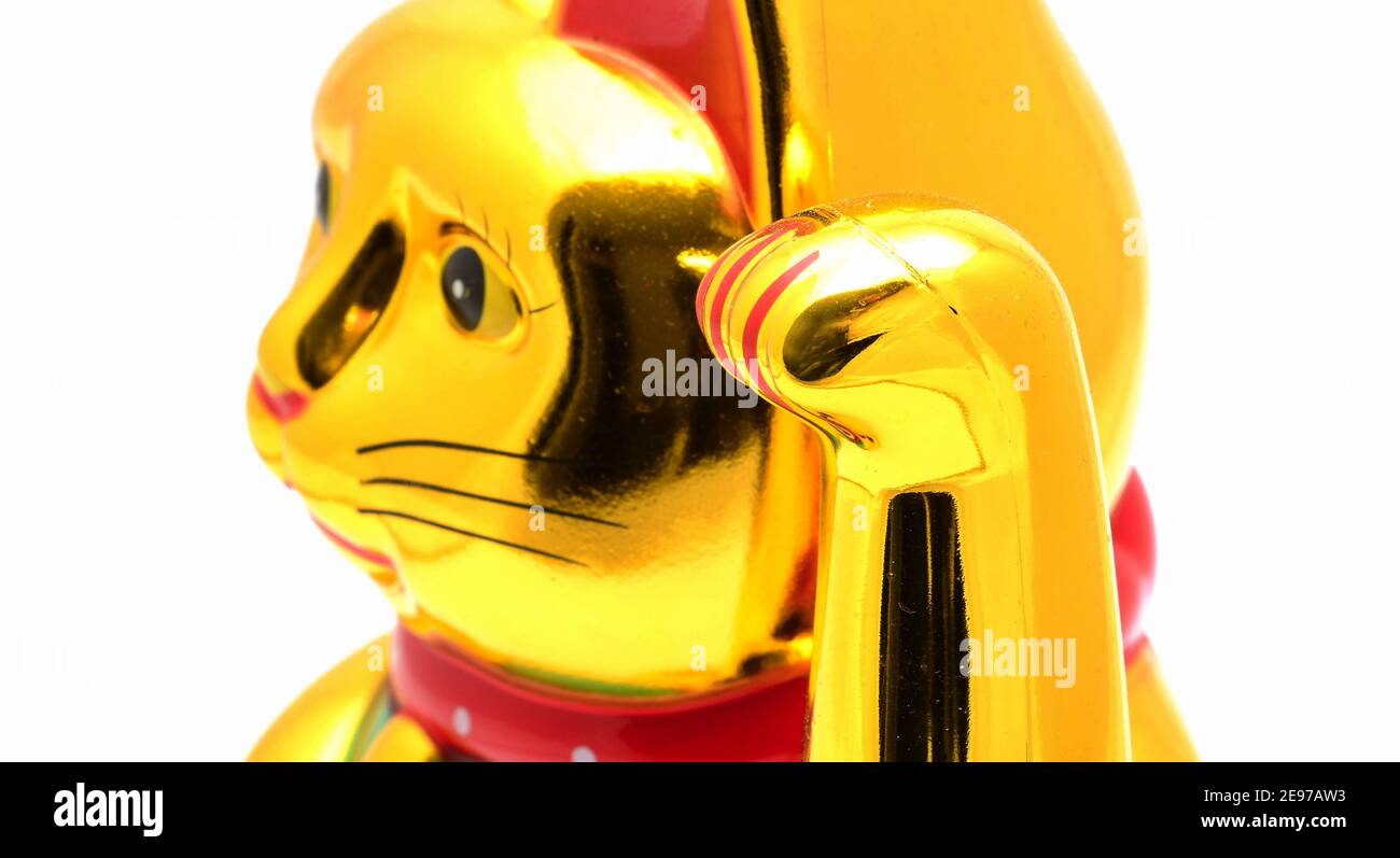 Maneki Neko Japanische Lucky Cat Goldene Figur auf weißem Hintergrund. Stockfoto