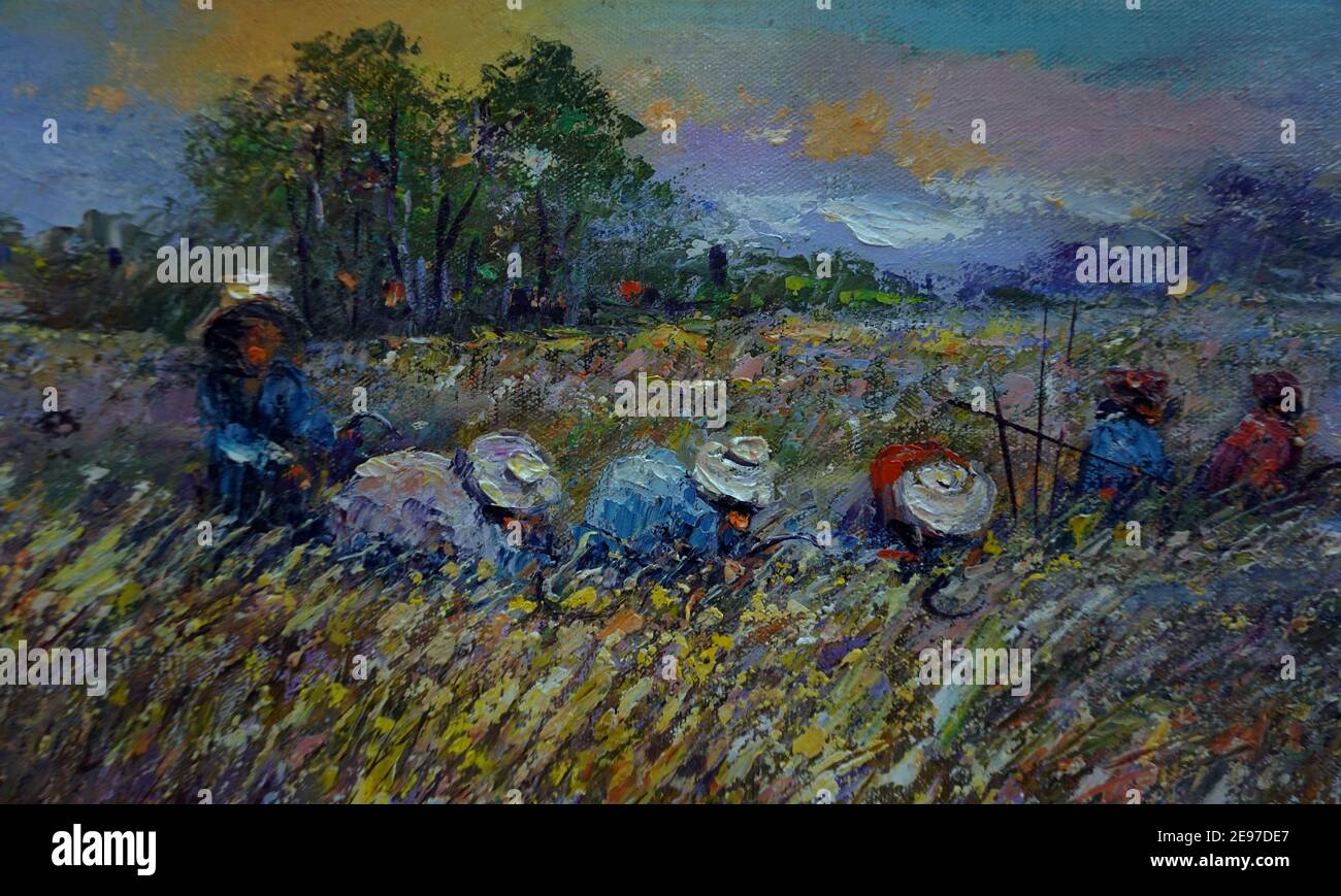 Kunst Malerei Ölfarbe Thai Land Landwirt , Reis ernten , , Landwirt , Landleben , Ländliches thailand, Thailand Leben Stockfoto