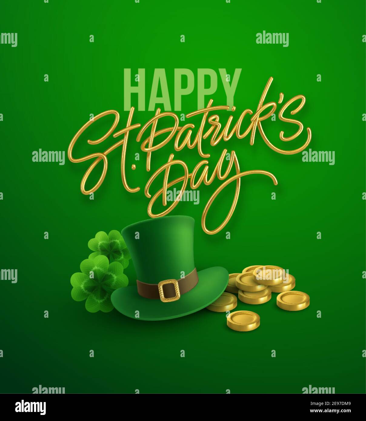 Happy St. Patricks Day Gruß Hintergrund für Postkarte, Banner, Poster. Leprechaun Hut mit Kleeblättern und Goldmünzen. Vektorgrafik Stock Vektor