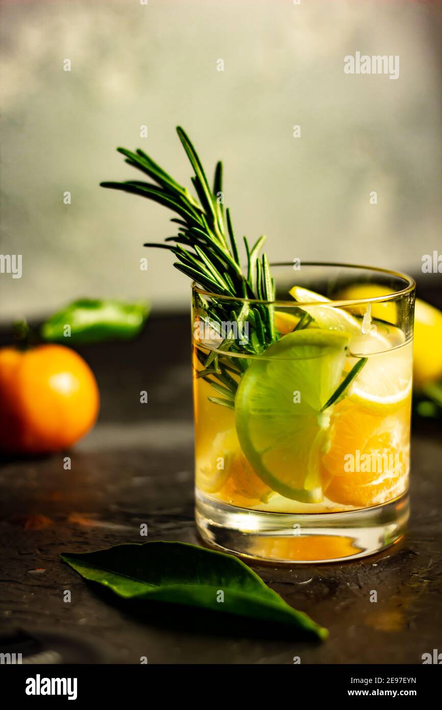 Citrus Tonic Drink mit Rosmarin. Stockfoto