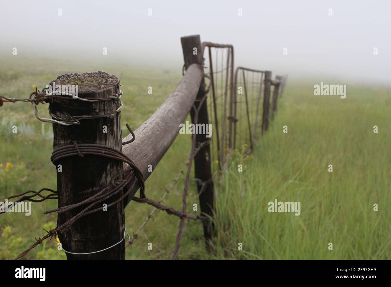 Ein rustikaler Zaun und Tor auf einem Bauernhof im Nebel. Stockfoto