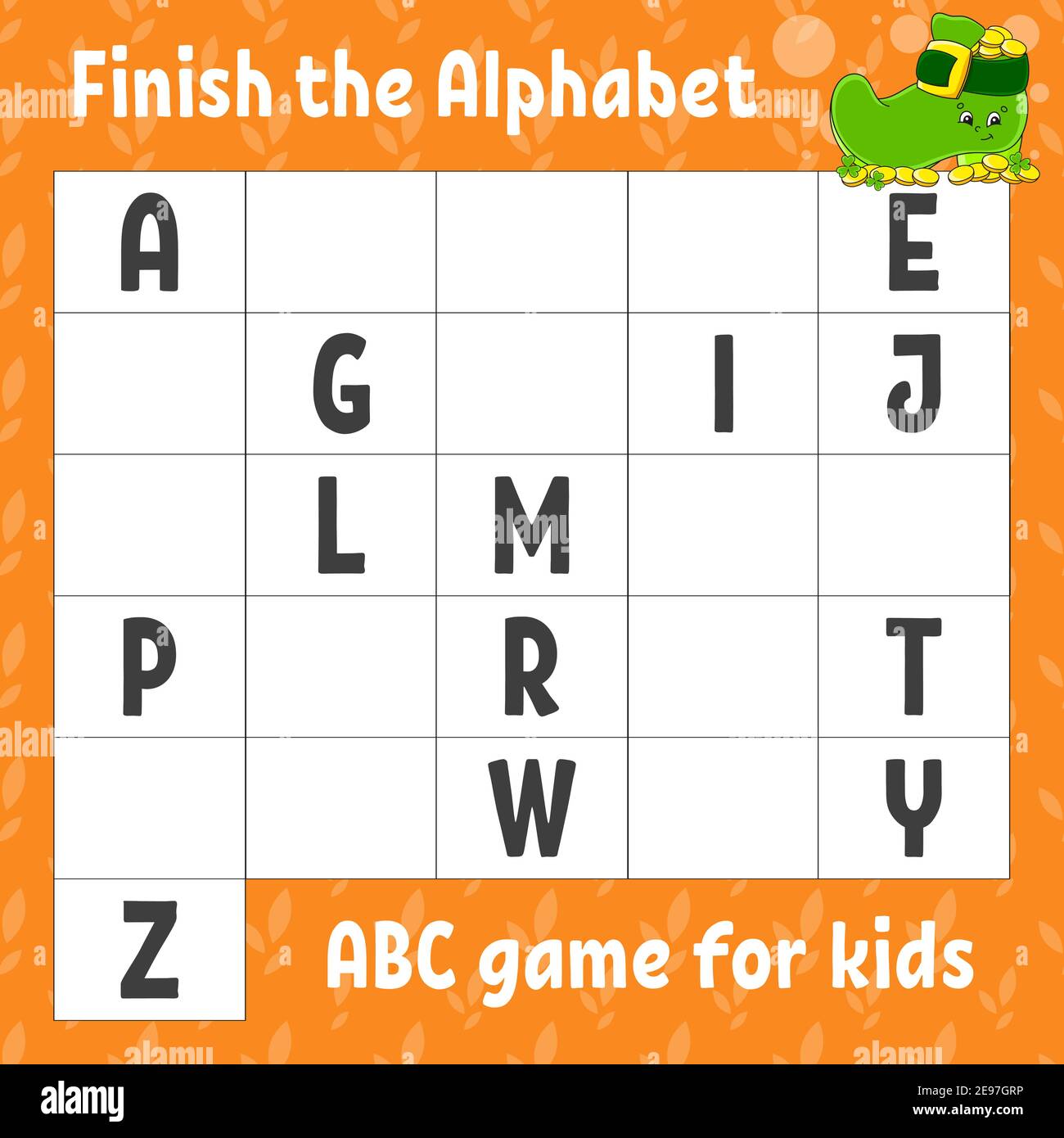 Das Alphabet fertig stellen. ABC-Spiel für Kinder. Arbeitsblatt zur  Entwicklung von Schulungen. Lernspiel für Kinder. Aktivitätsseite Farbe  Stock-Vektorgrafik - Alamy