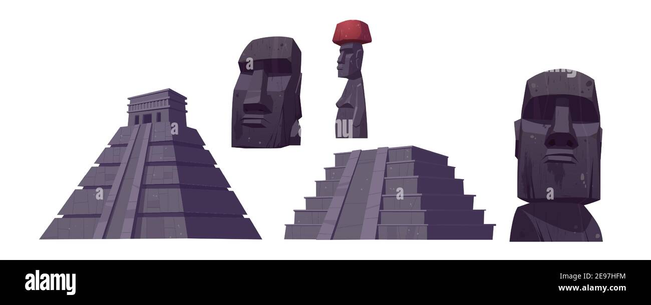 Alte maya-Pyramiden und Moai-Statuen von der Osterinsel. Vektor-Cartoon-Set von südamerikanischen Wahrzeichen, Chichen Itza und Kukulkan Tempel, Steinskulptur isoliert auf weißem Hintergrund Stock Vektor
