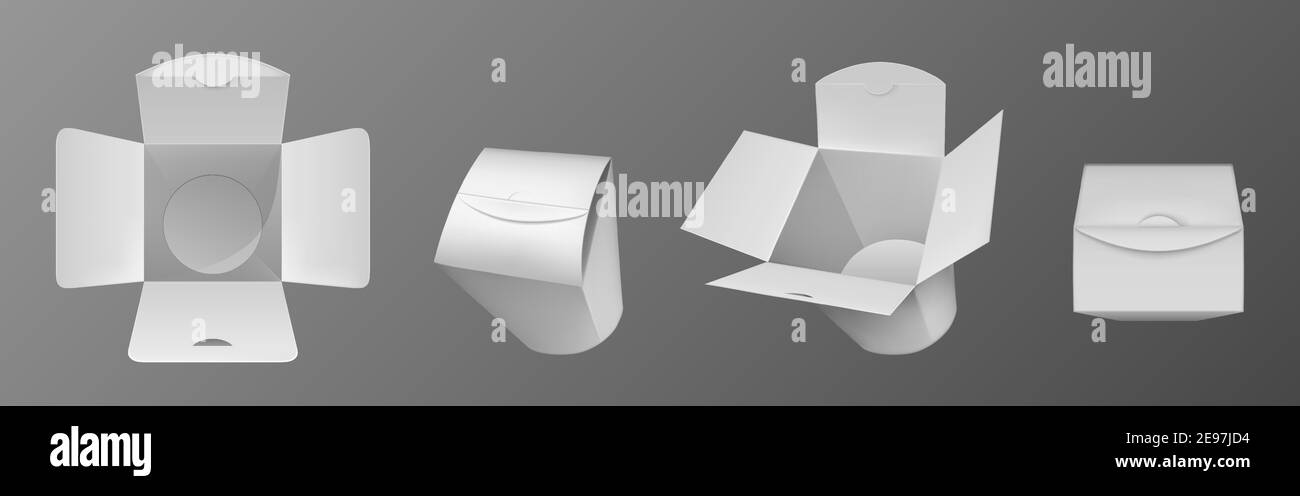 Leere weiße Wok-Box, Papierverpackung für chinesisches Essen, Nudeln oder Reis mit Huhn. Vektor realistische Nachbildung von geschlossenen und offenen Takeaway-Boxen in Front-und Draufsicht isoliert auf Hintergrund Stock Vektor