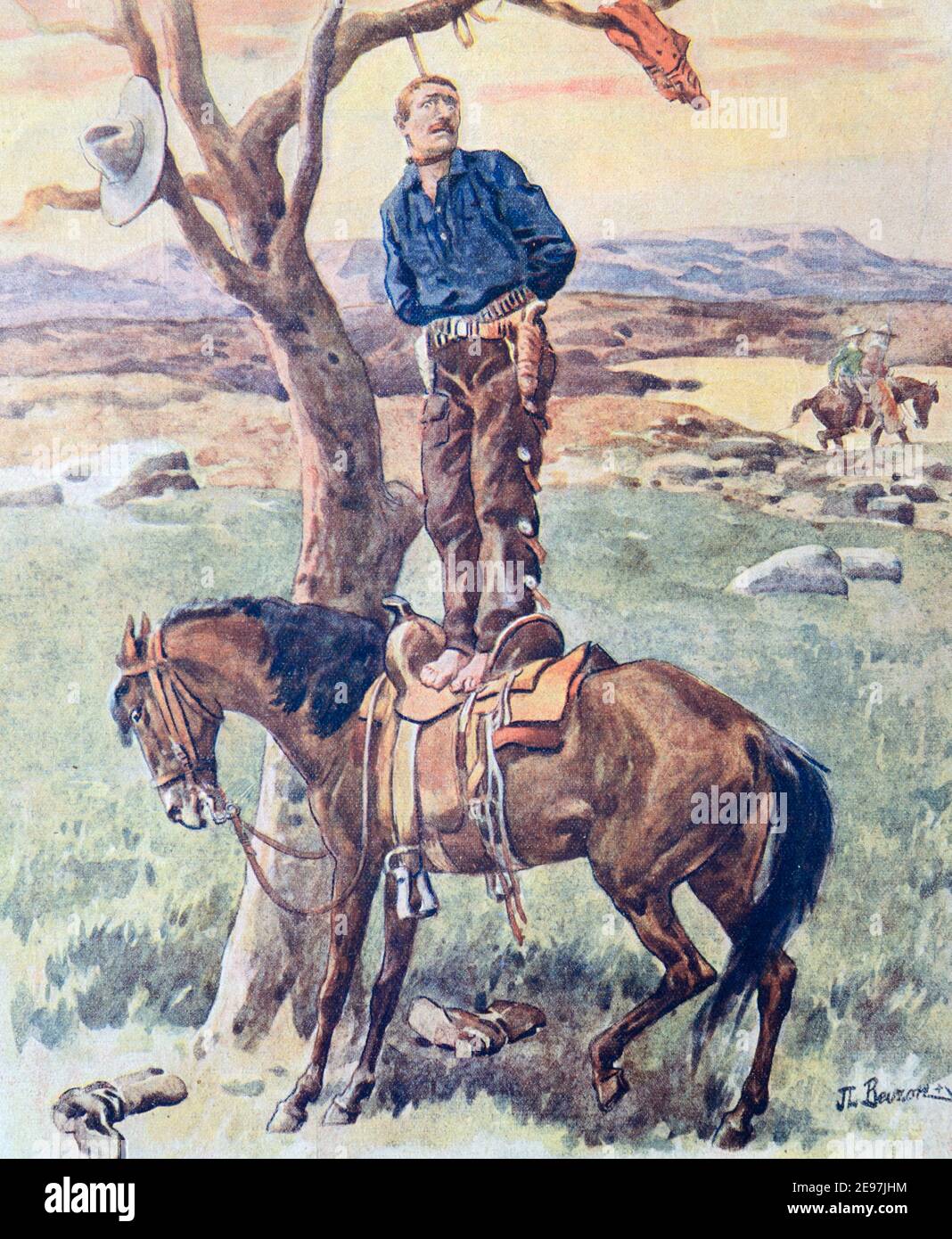 Cowboy Lynchen oder Selbstmord in den USA oder den Vereinigten Staaten von Amerika 1911 Vintage Illustration Stockfoto