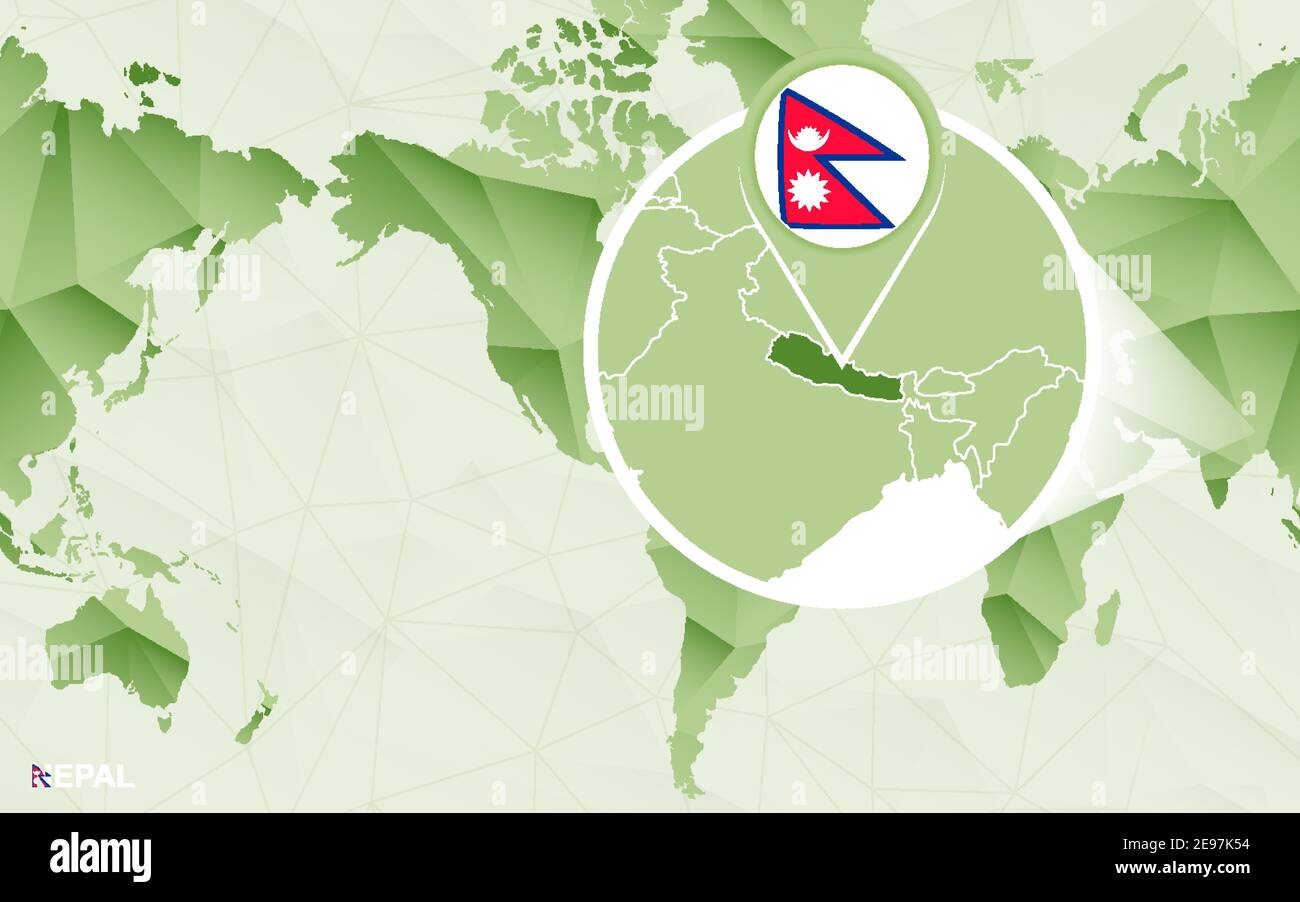 Amerika-zentrierte Weltkarte mit vergrößerter Nepal-Karte. Grüne polygonale Weltkarte. Stock Vektor