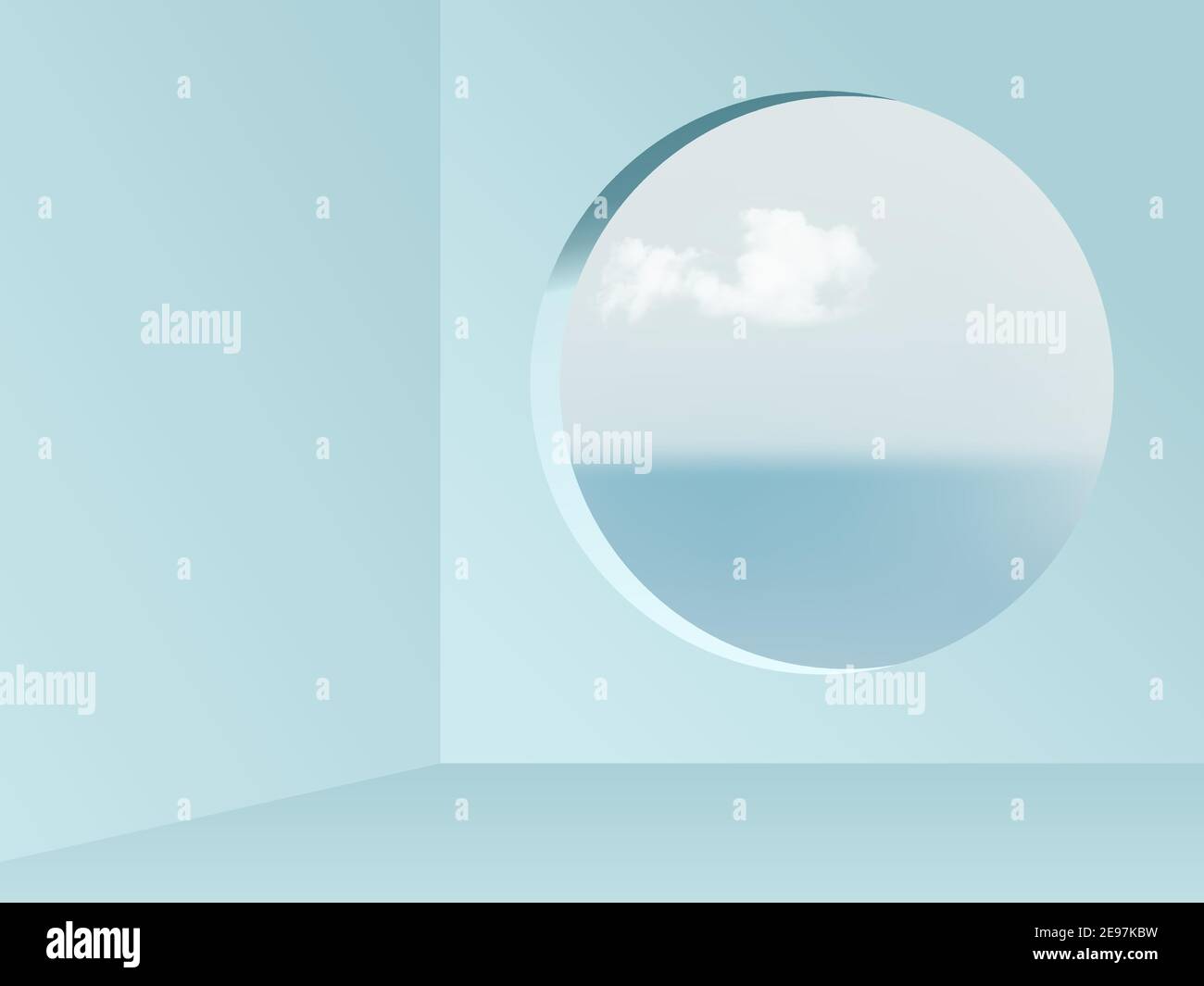 Runder Fensterblick aus blauem leerem Raum abstrakter Hintergrund. Blick auf blauen Himmel, Meer und Wolken Vektor-Illustration. Abstarct minimales Innenraumdesign von Stock Vektor