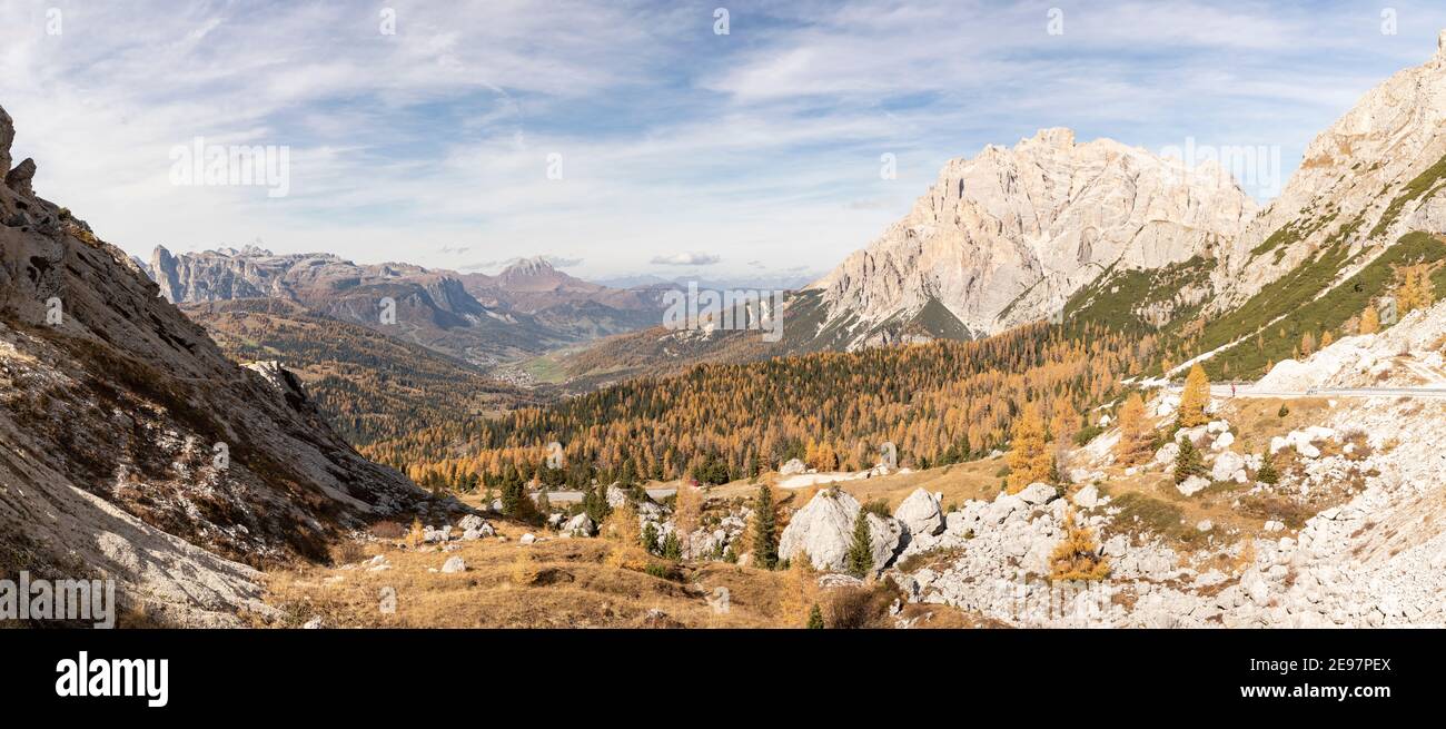 Herbstfarbe im Tal um den Passo Valparola, italienische Dolomiten, Italien. Stockfoto