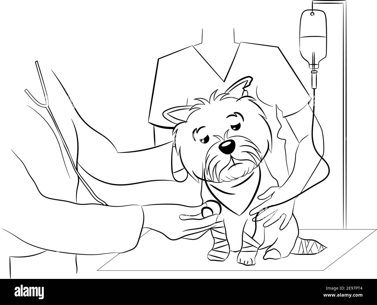 Verletzt Norwich Terrier Hund Arzt Tierarzt besuchen Skizze isoliert auf Weiß Stock Vektor